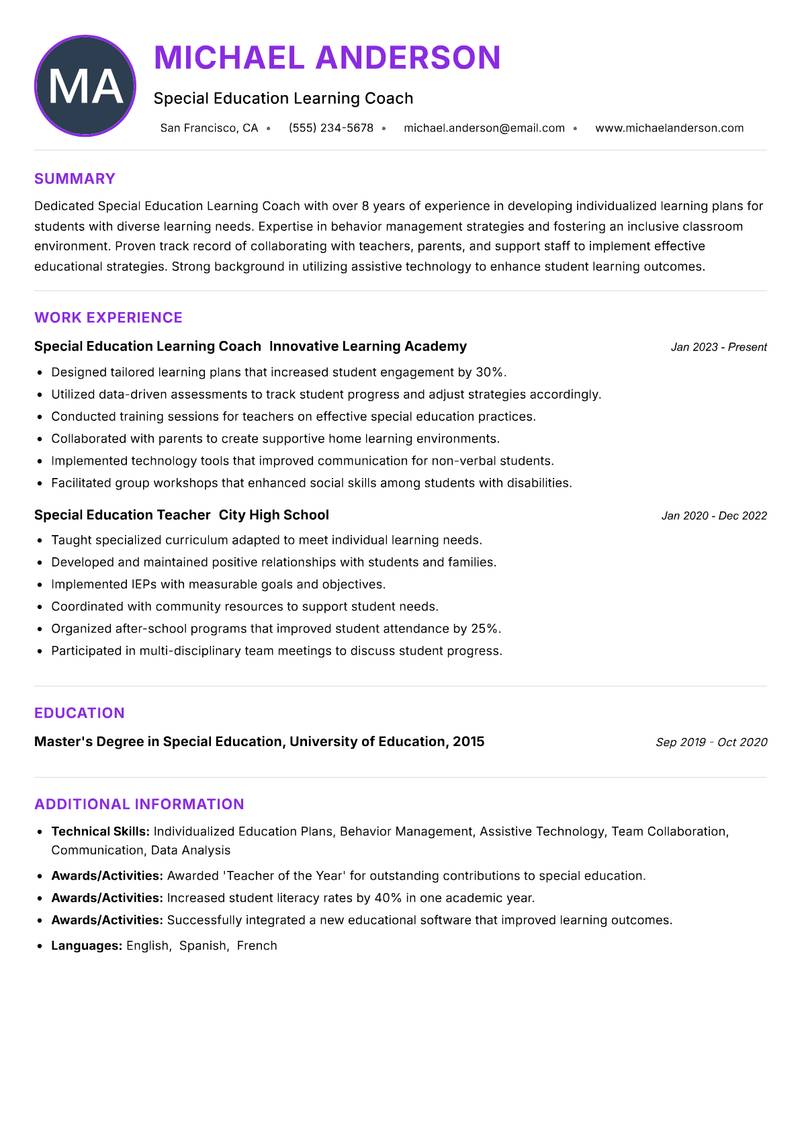Special Education Learning Coach resume example