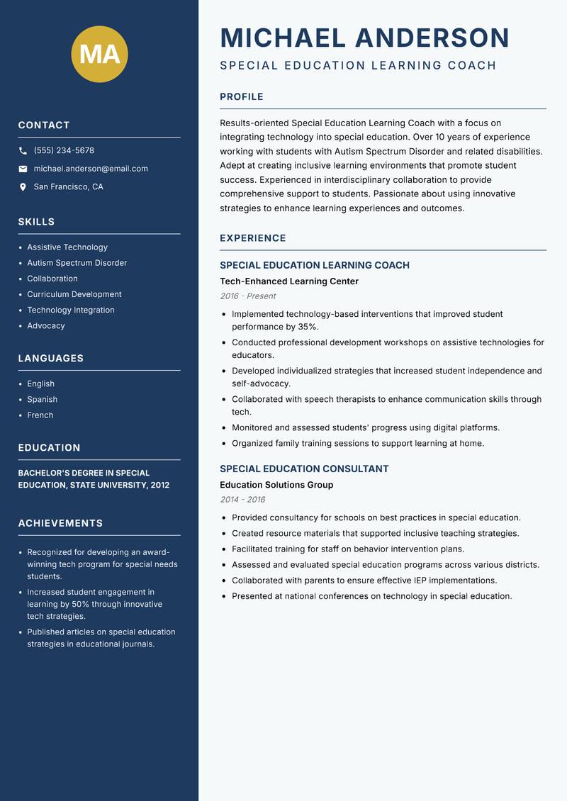 Special Education Learning Coach resume sample — Special Education Learning Coach focus