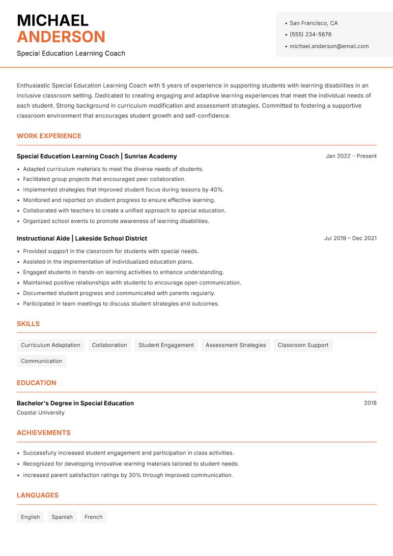 Special Education Learning Coach resume sample — Special Education Learning Coach focus