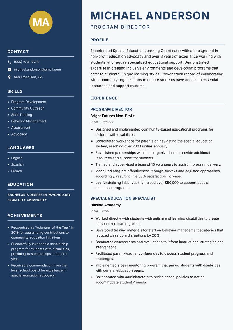Special Education Learning Coordinator resume sample — Program Director focus