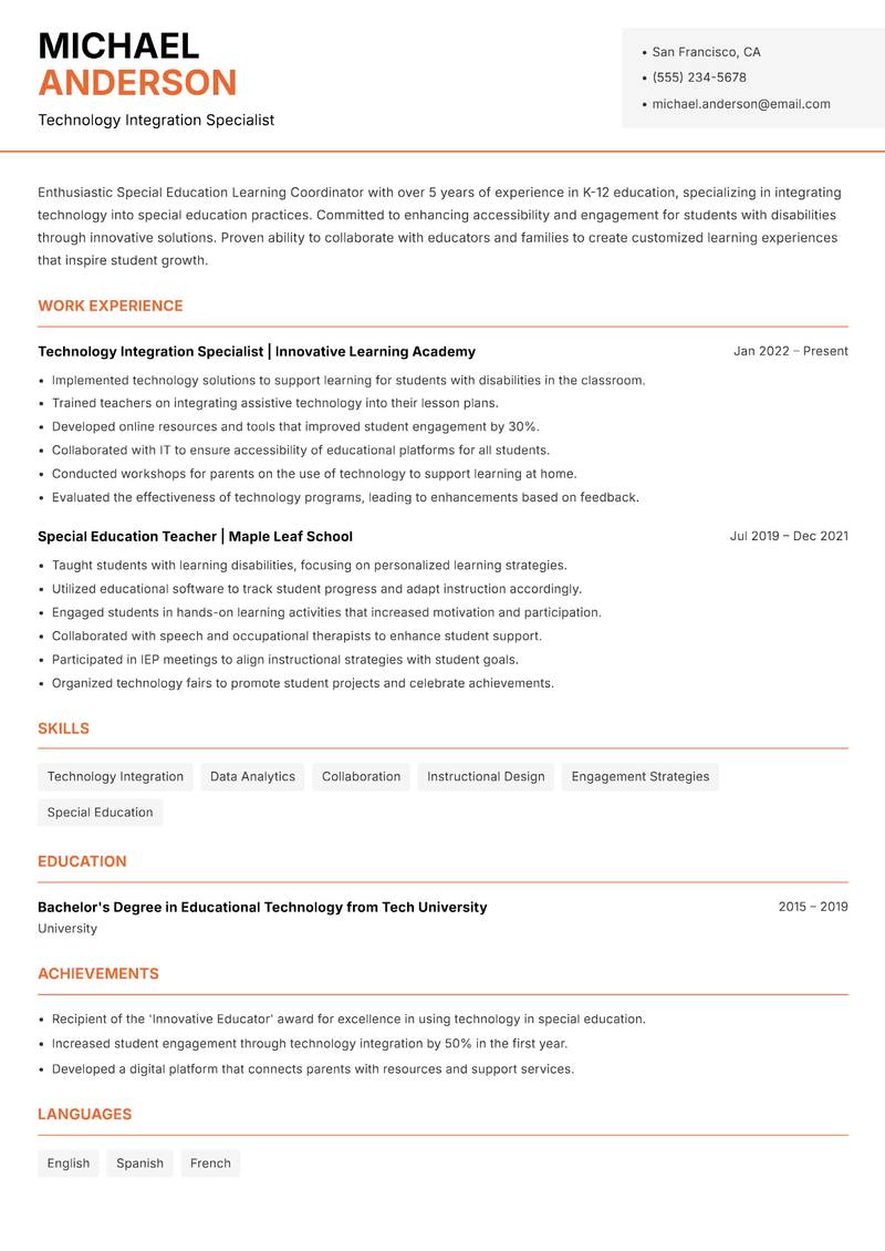 Special Education Learning Coordinator resume sample — Technology Integration Specialist focus