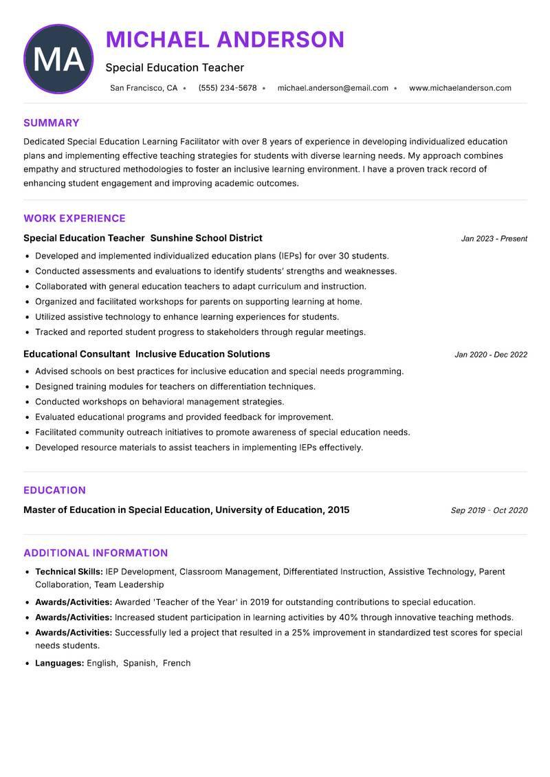 Special Education Learning Facilitator resume example