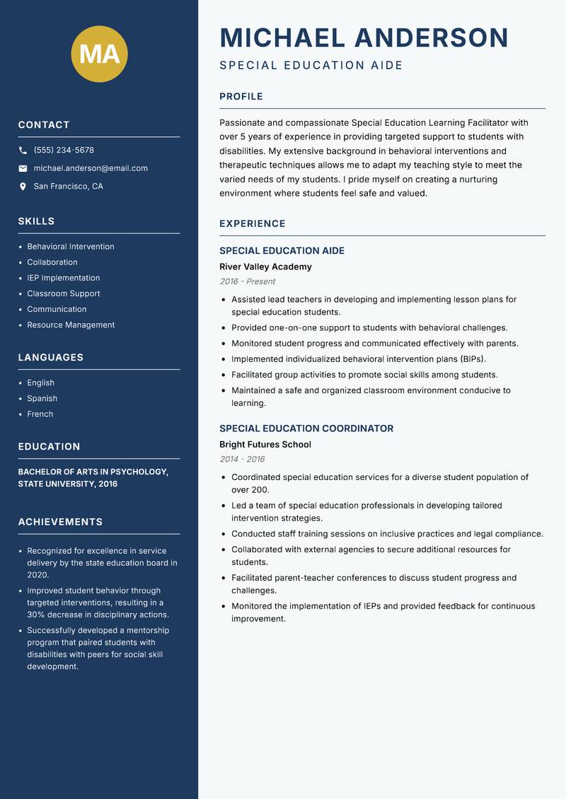 Special Education Learning Facilitator resume sample — Special Education Aide focus