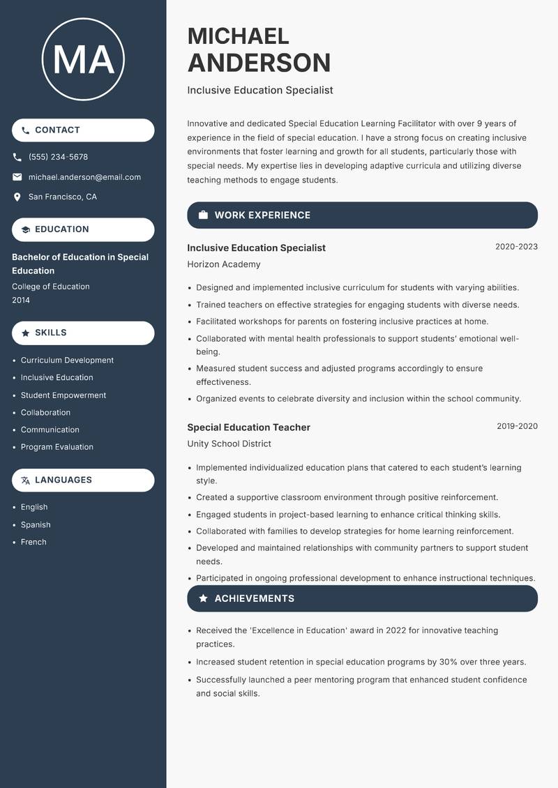 Special Education Learning Facilitator resume sample — Inclusive Education Specialist focus
