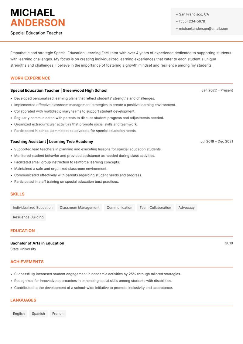 Special Education Learning Facilitator resume sample — Special Education Teacher focus