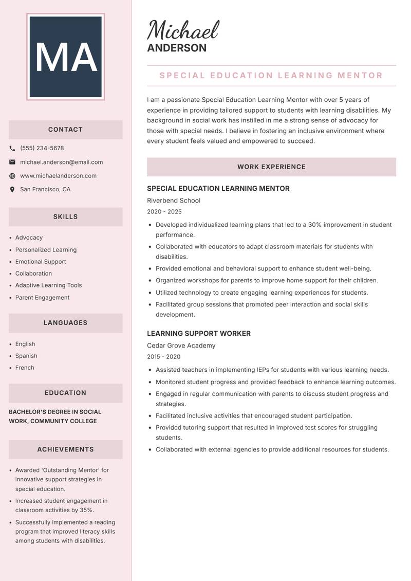 Special Education Learning Mentor resume sample — Special Education Learning Mentor focus