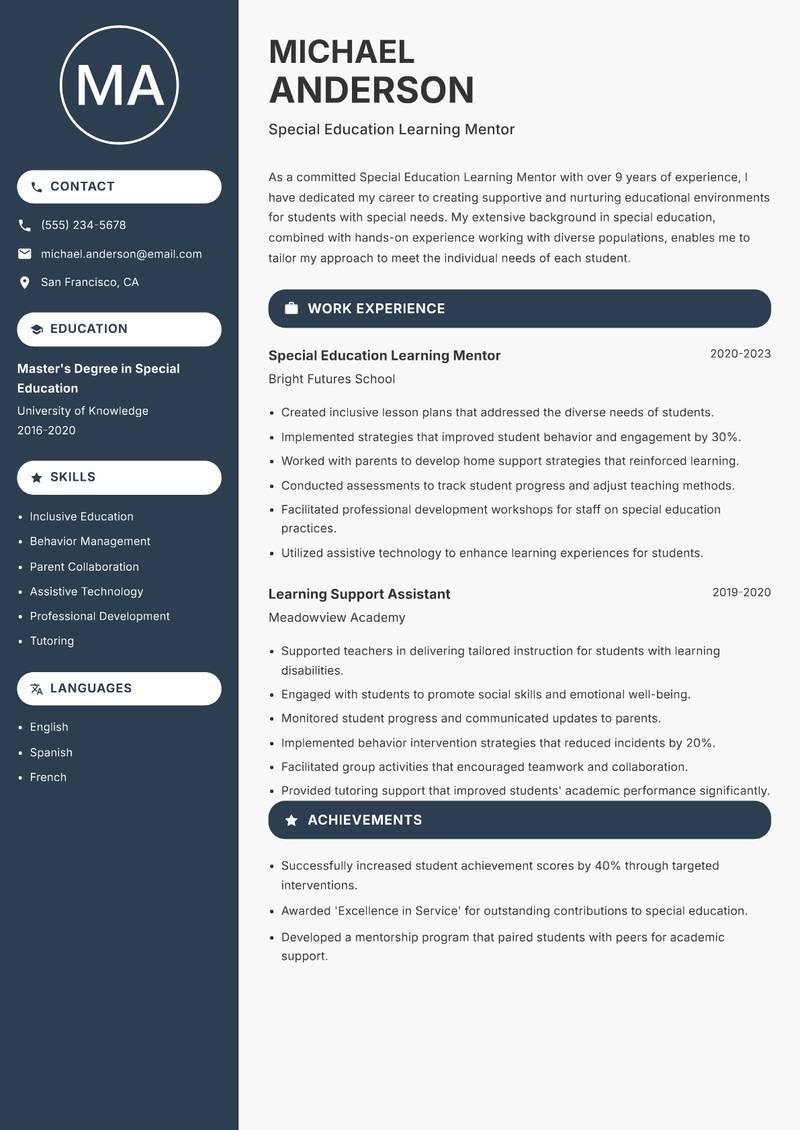 Special Education Learning Mentor resume sample — Special Education Learning Mentor focus