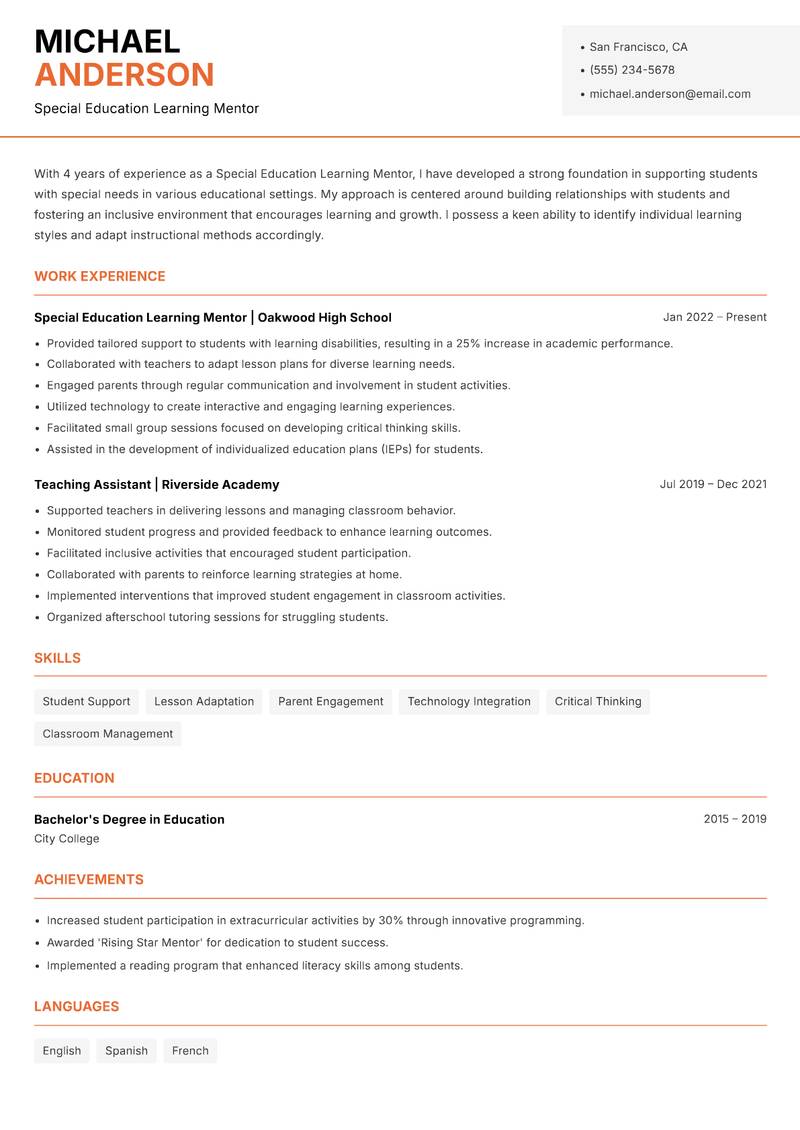 Special Education Learning Mentor resume sample — Special Education Learning Mentor focus
