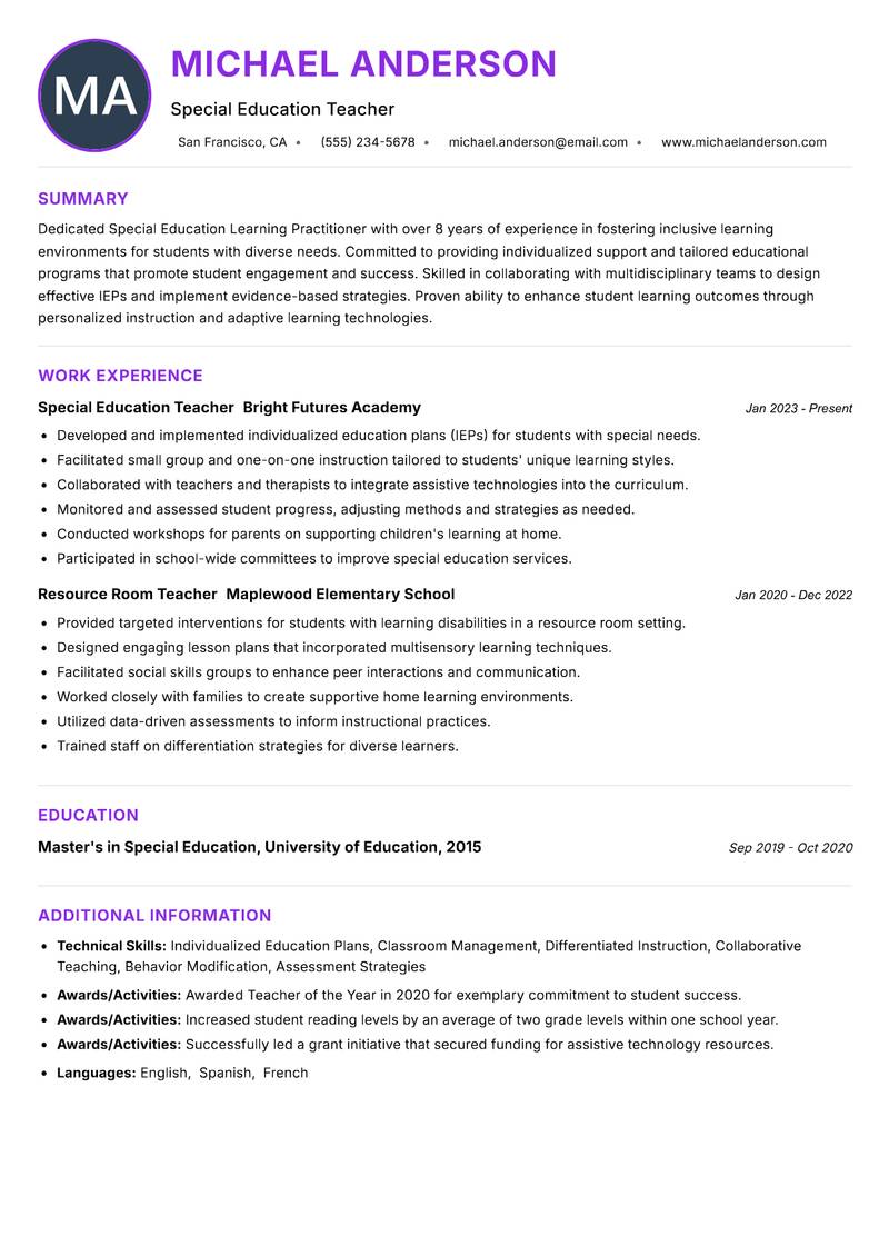 Special Education Learning Practitioner resume example