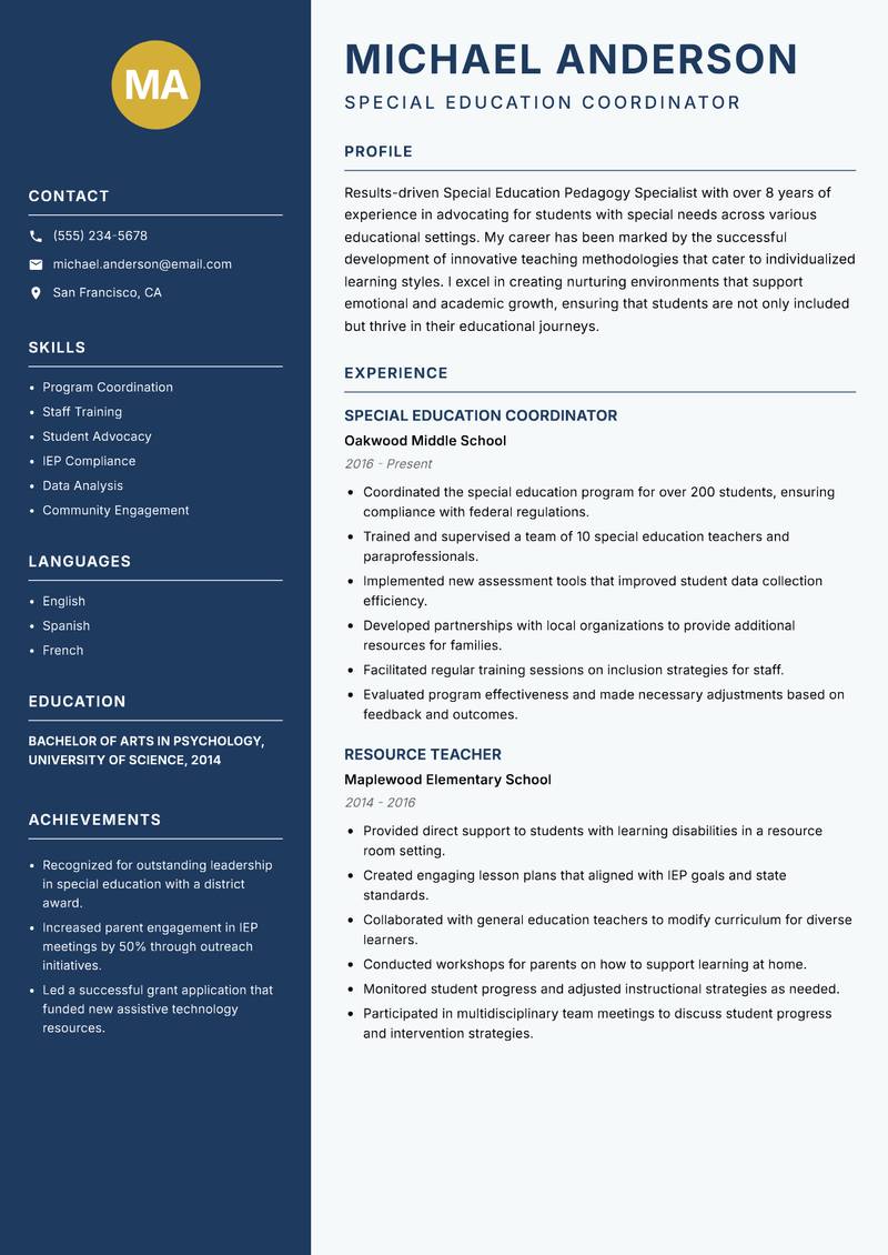 Special Education Pedagogy Specialist resume sample — Special Education Coordinator focus