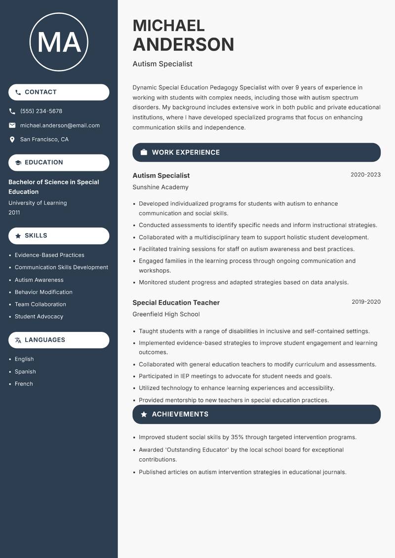 Special Education Pedagogy Specialist resume sample — Autism Specialist focus