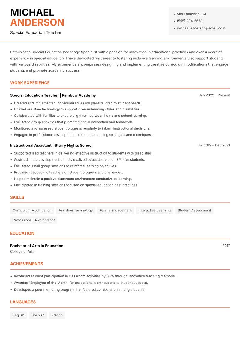 Special Education Pedagogy Specialist resume sample — Special Education Teacher focus