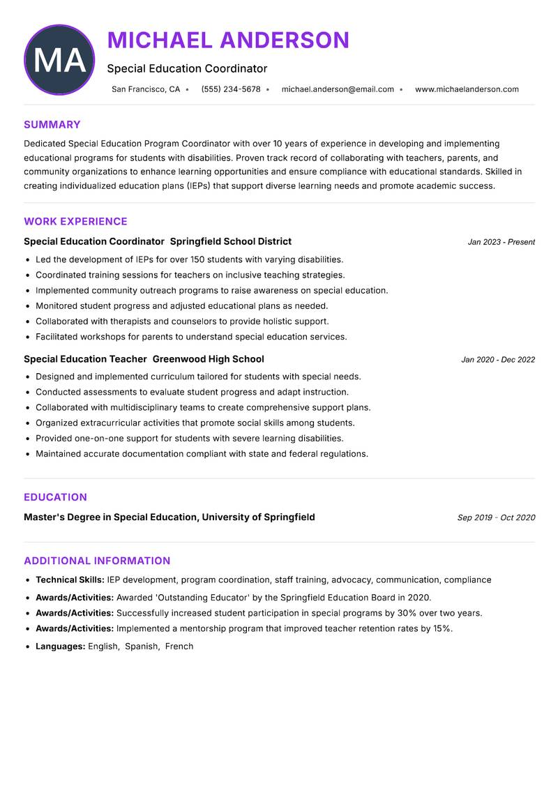 Special Education Program Coordinator resume example