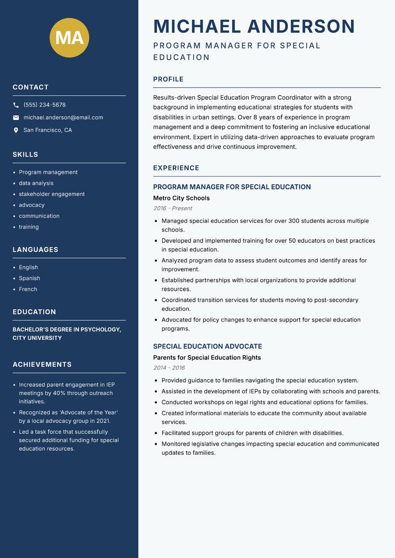 Special Education Program Coordinator resume sample — Program Manager for Special Education focus