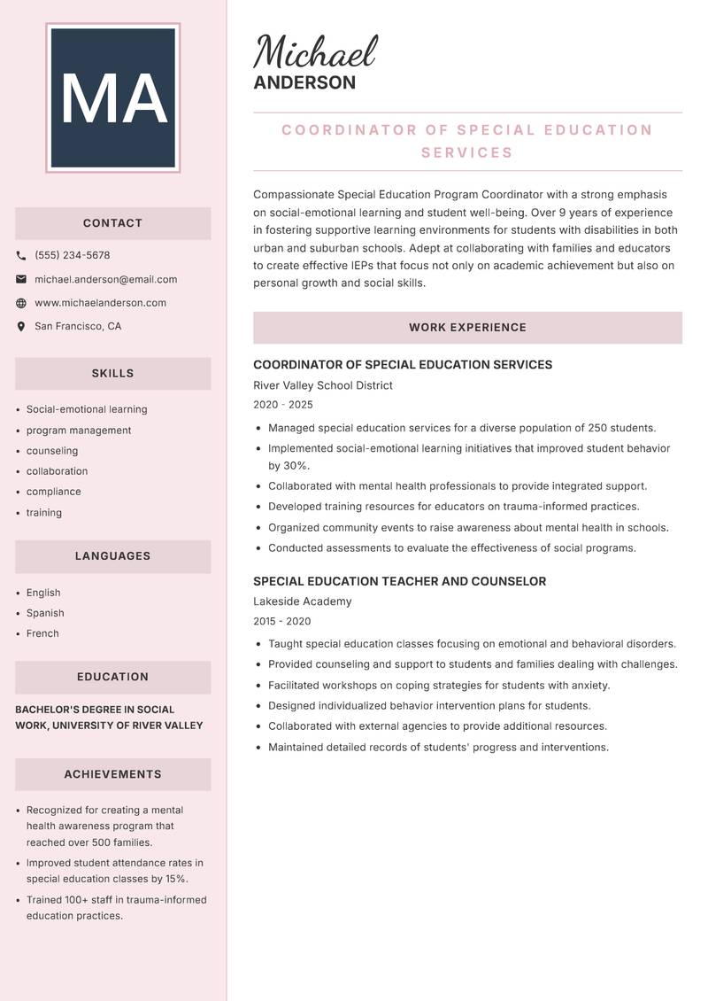 Special Education Program Coordinator resume sample — Coordinator of Special Education Services focus