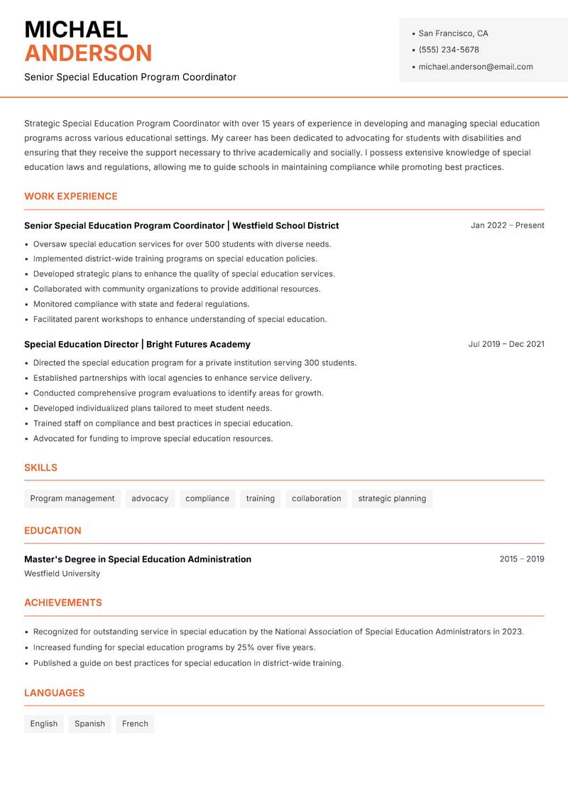 Special Education Program Coordinator resume sample — Senior Special Education Program Coordinator focus