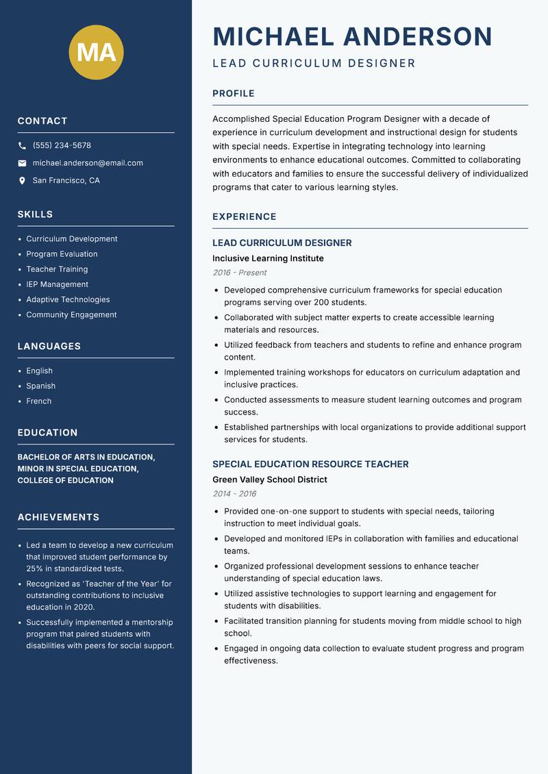 Special Education Program Designer resume sample — Lead Curriculum Designer focus