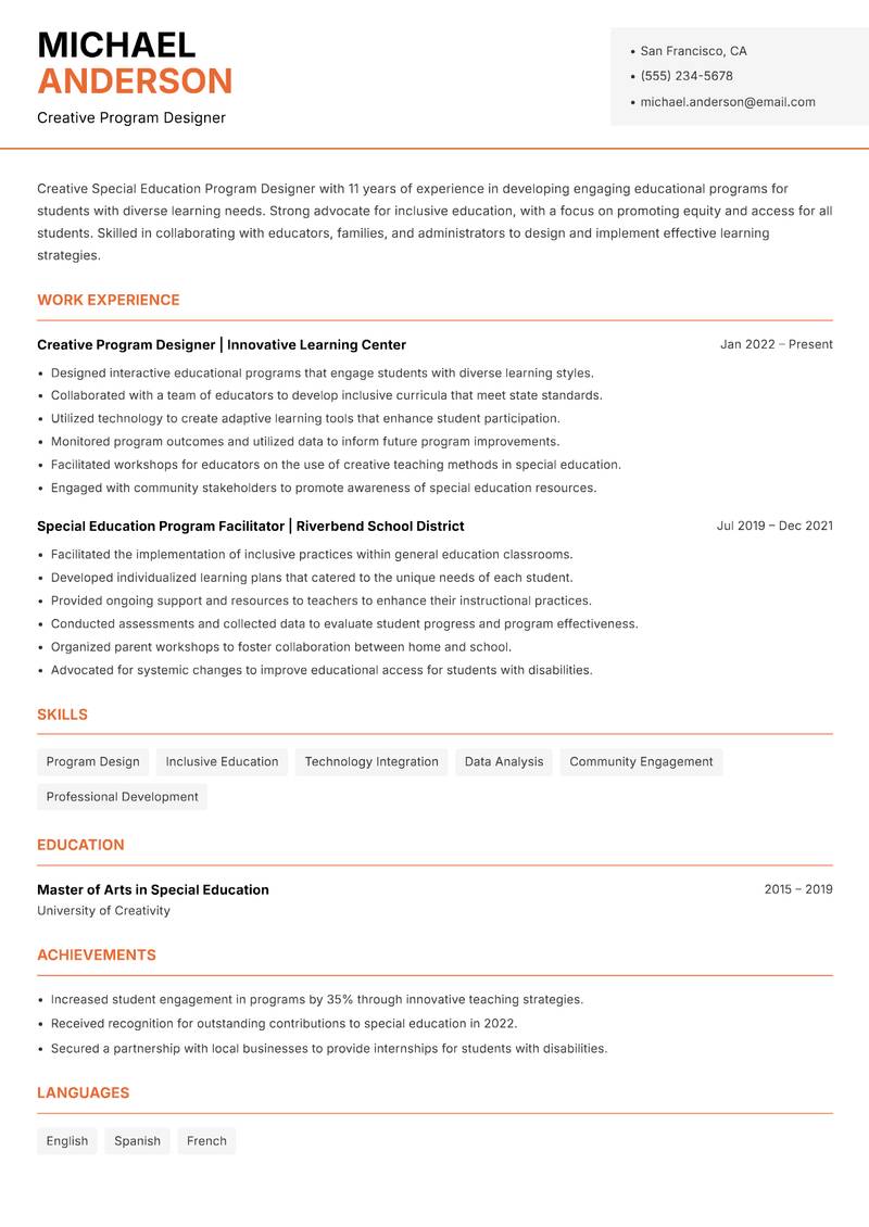 Special Education Program Designer resume sample — Creative Program Designer focus