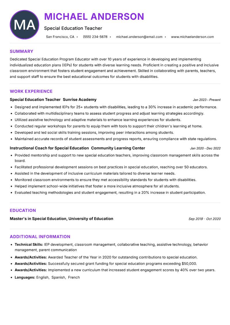 Special Education Program Educator resume example
