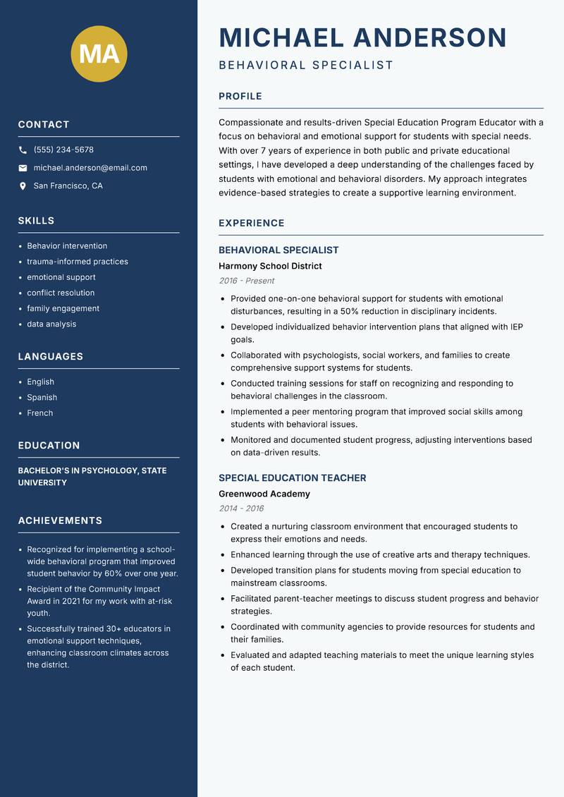 Special Education Program Educator resume sample — Behavioral Specialist focus