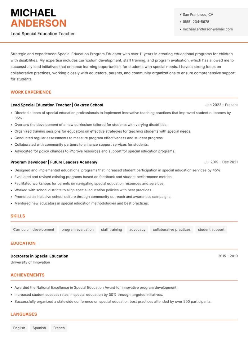 Special Education Program Educator resume sample — Lead Special Education Teacher focus