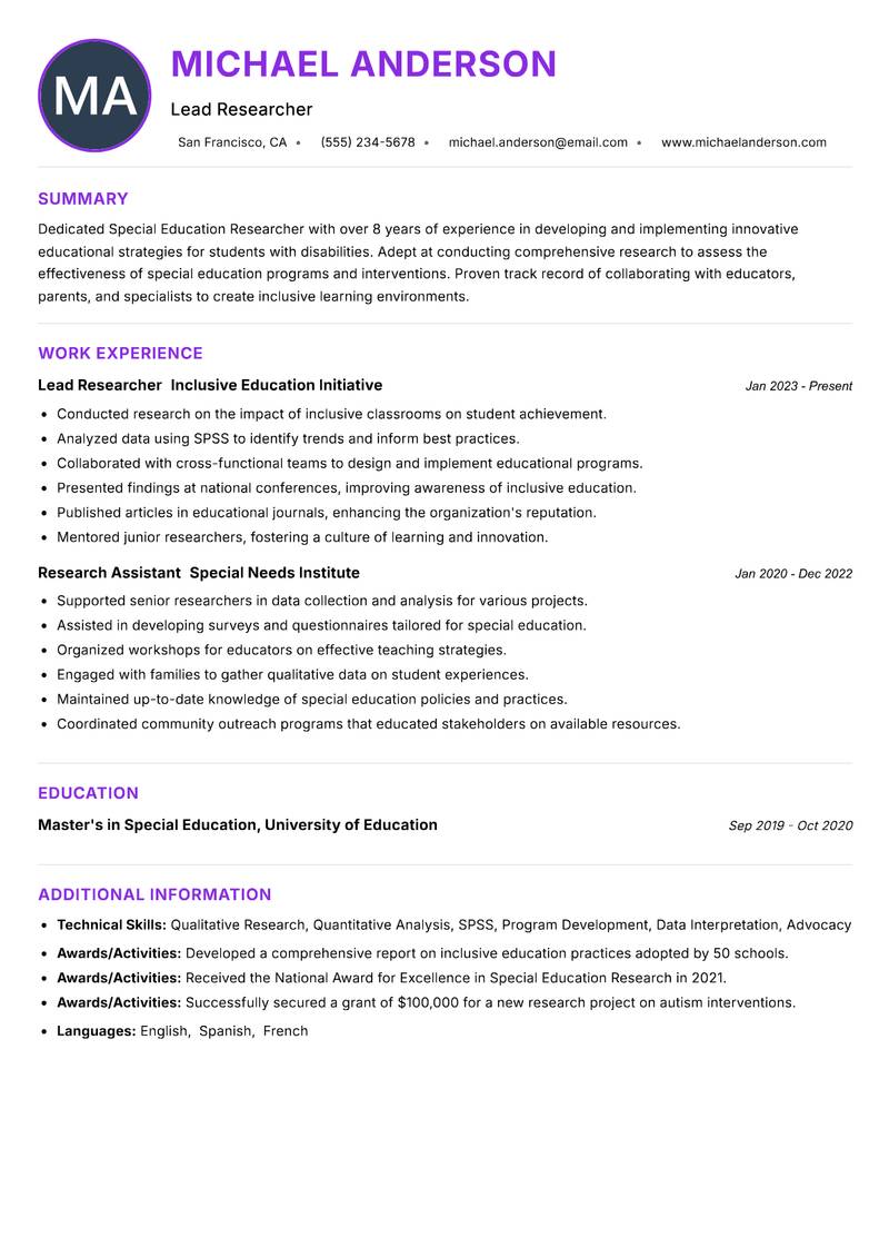 Special Education Researcher resume example