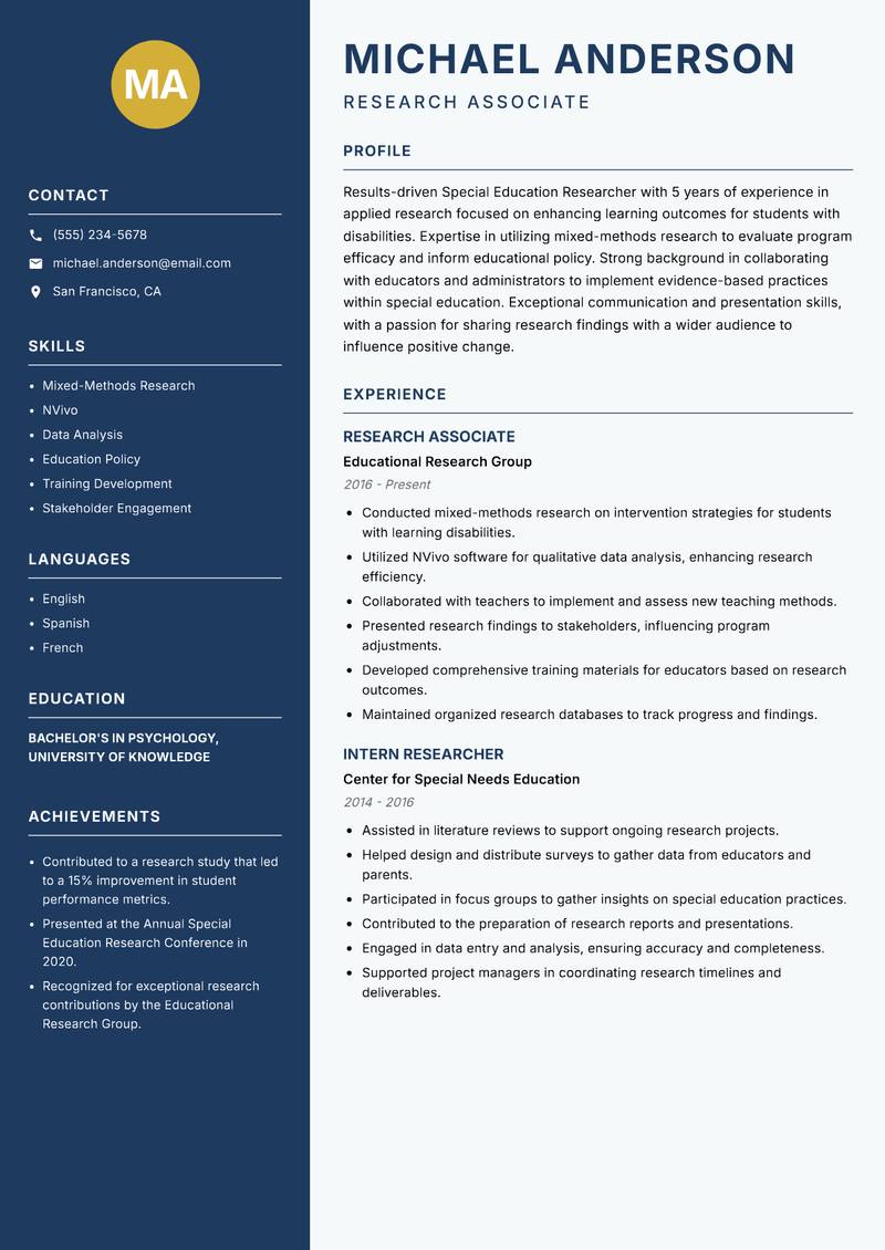 Special Education Researcher resume sample — Research Associate focus