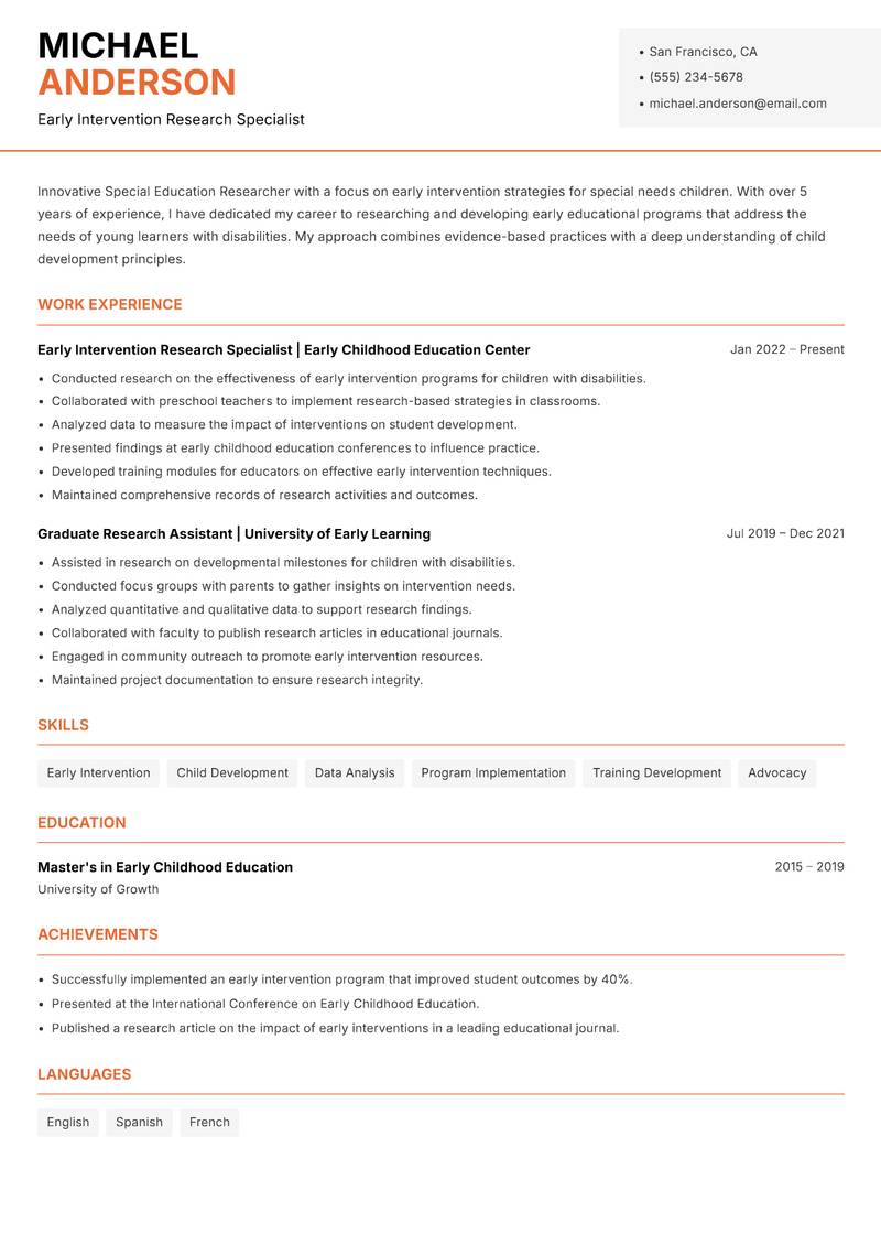 Special Education Researcher resume sample — Early Intervention Research Specialist focus