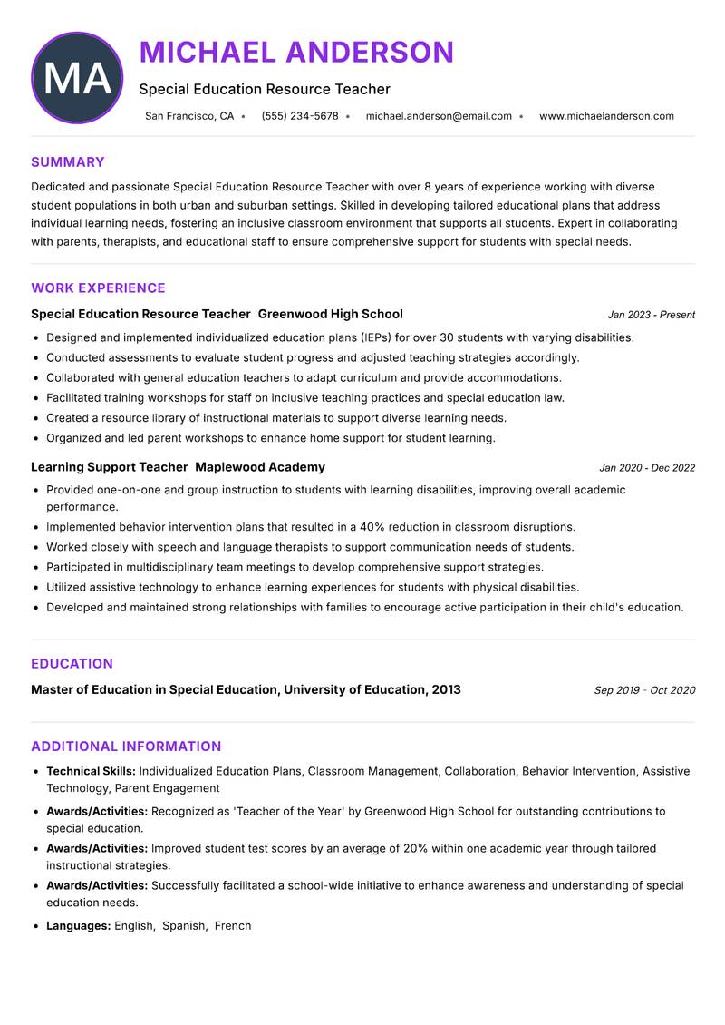 Special Education Resource Teacher resume example