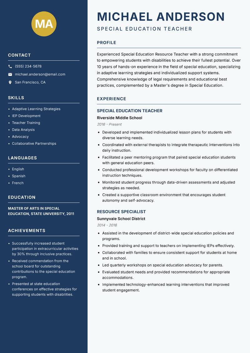 Special Education Resource Teacher resume sample — Special Education Teacher focus
