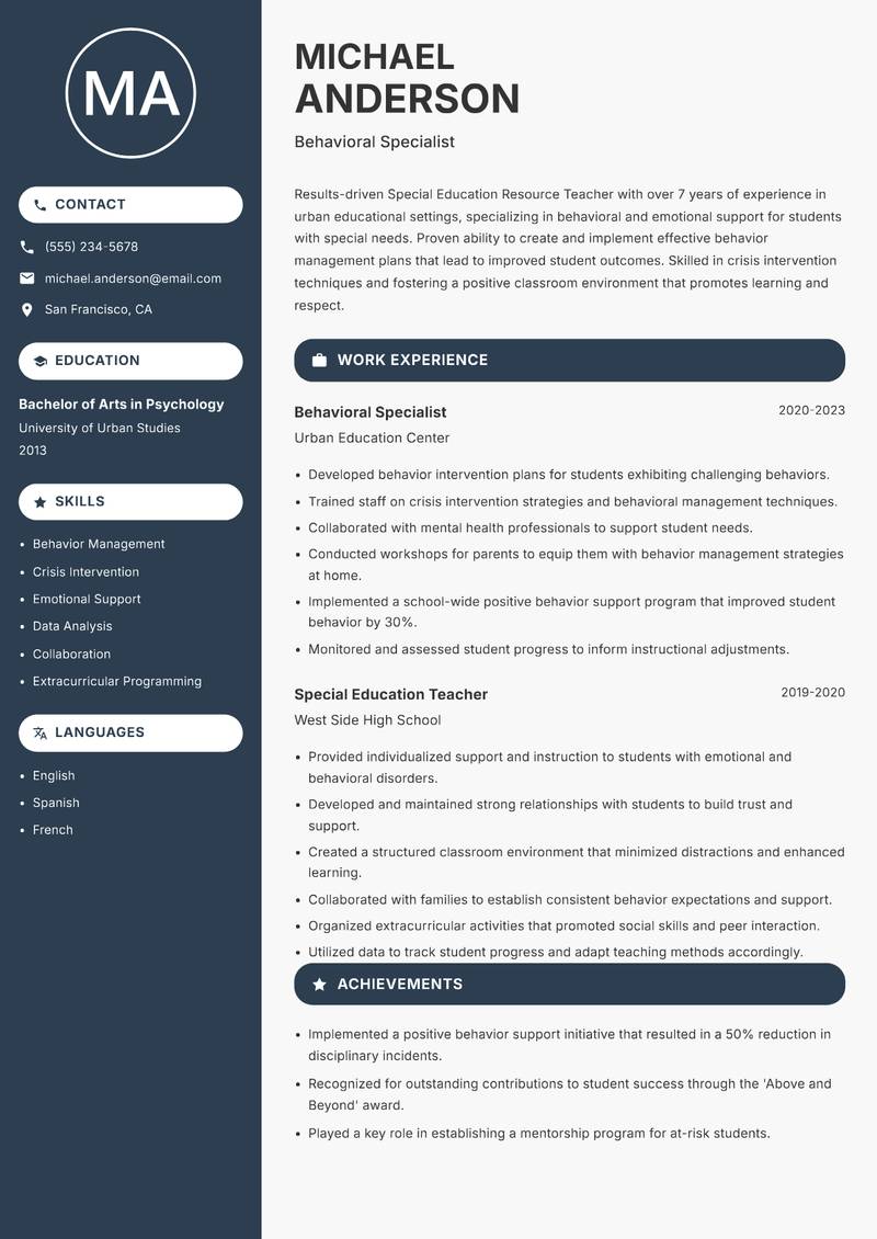 Special Education Resource Teacher resume sample — Behavioral Specialist focus
