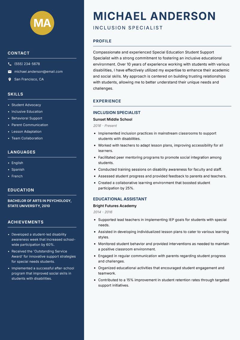Special Education Student Support Specialist resume sample — Inclusion Specialist focus