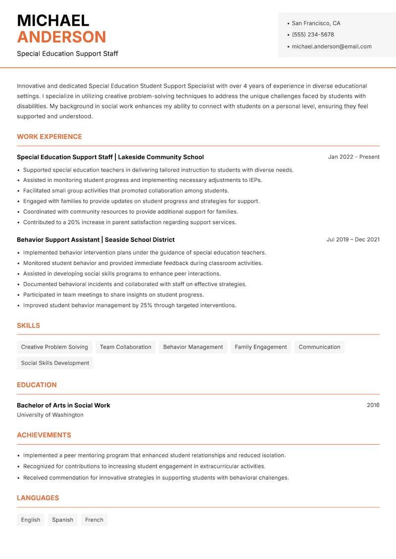 Special Education Student Support Specialist resume sample — Special Education Support Staff focus