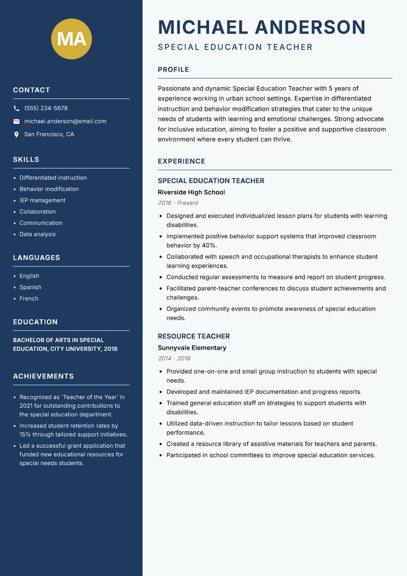 Special Education Teacher resume sample — Special Education Teacher focus