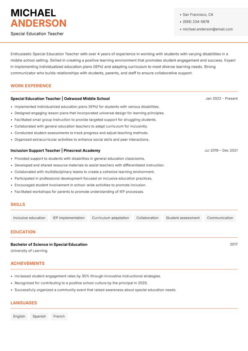 Special Education Teacher resume sample — Special Education Teacher focus