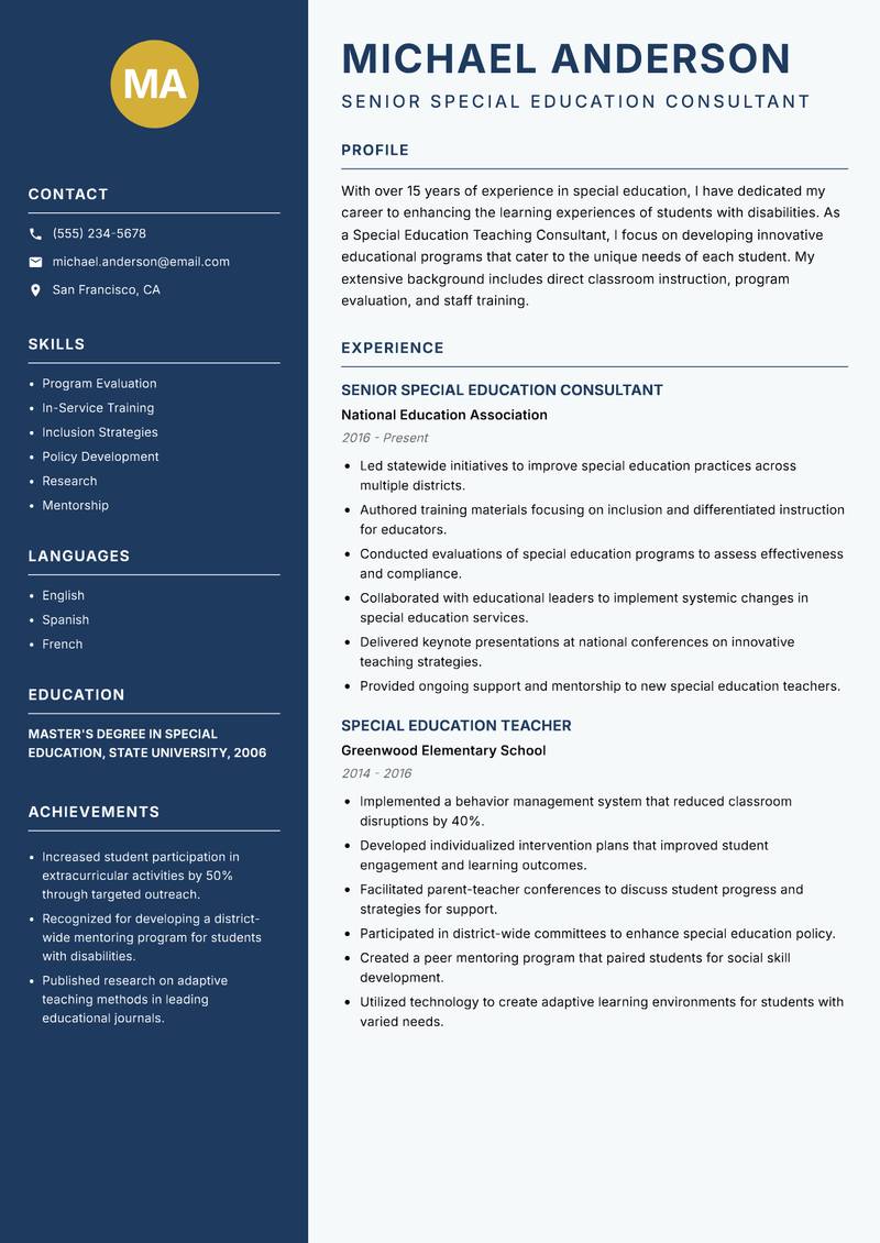Special Education Teaching Consultant resume sample — Senior Special Education Consultant focus
