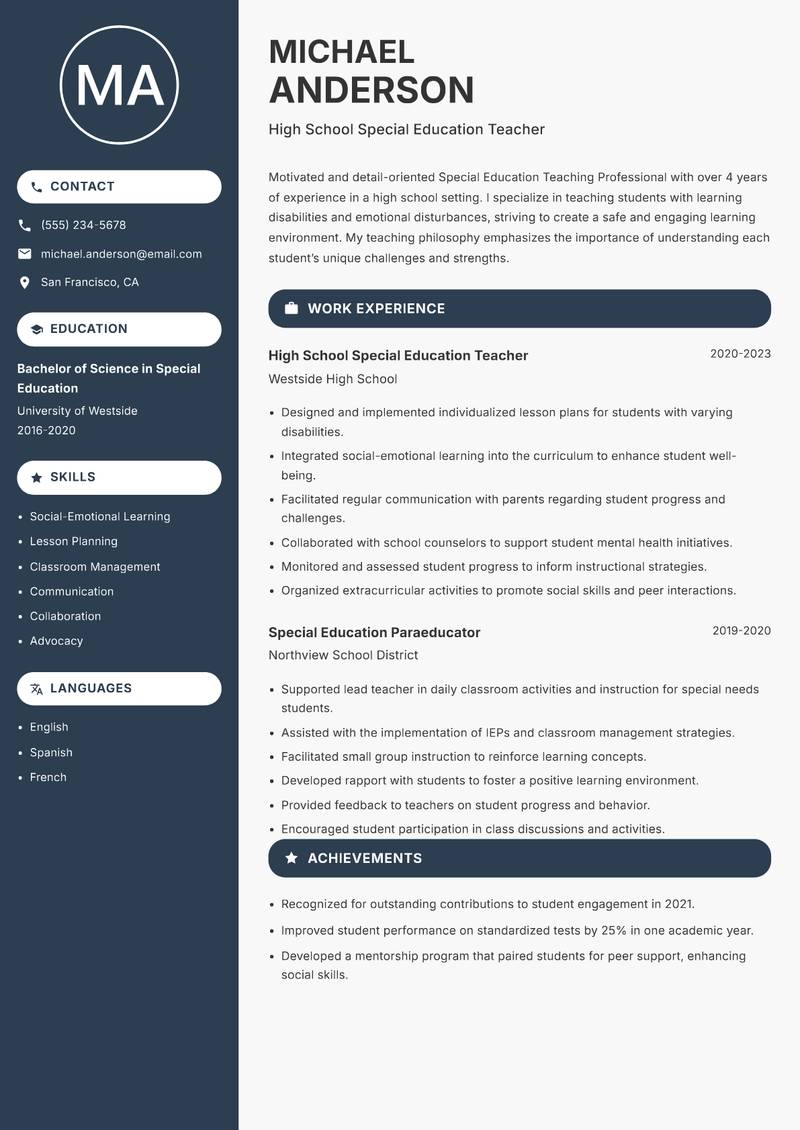 Special Education Teaching Professional resume sample — High School Special Education Teacher focus