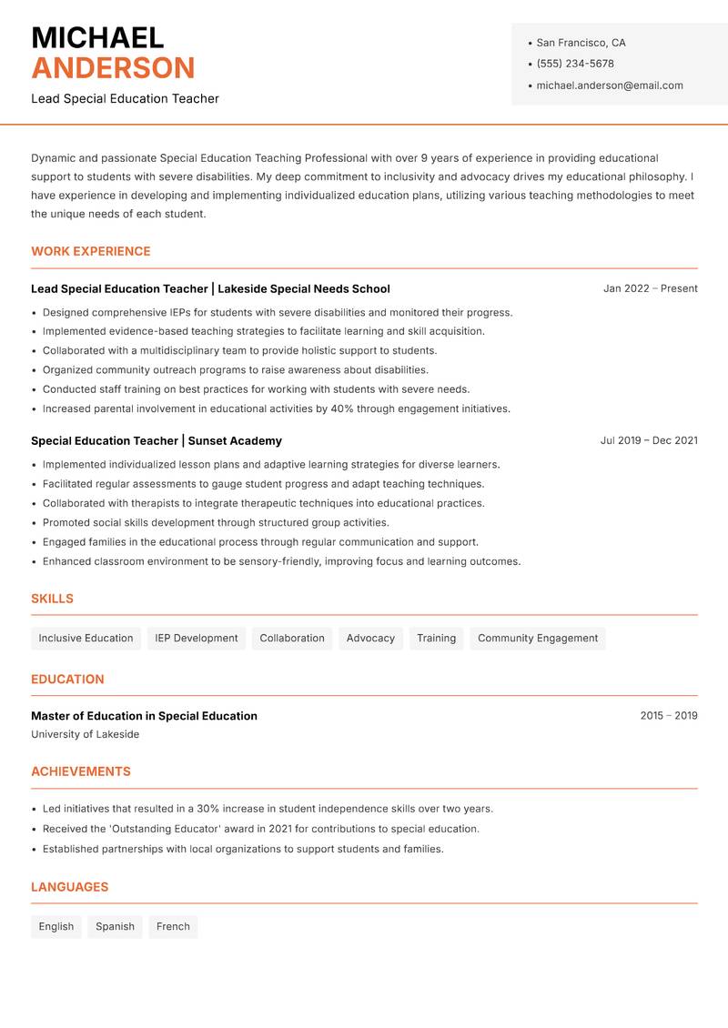 Special Education Teaching Professional resume sample — Lead Special Education Teacher focus