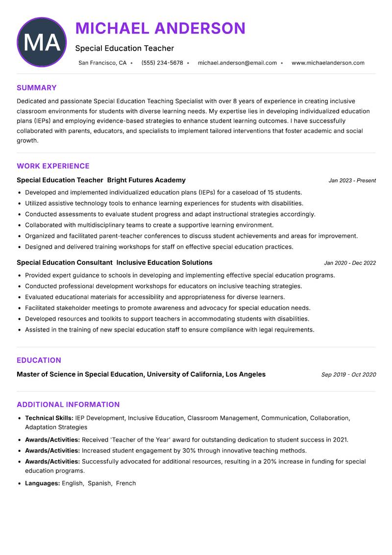 Special Education Teaching Specialist resume example