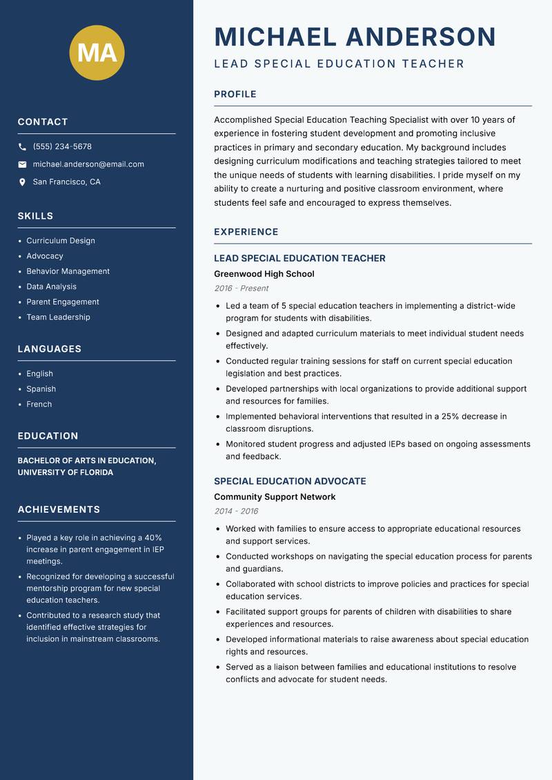 Special Education Teaching Specialist resume sample — Lead Special Education Teacher focus
