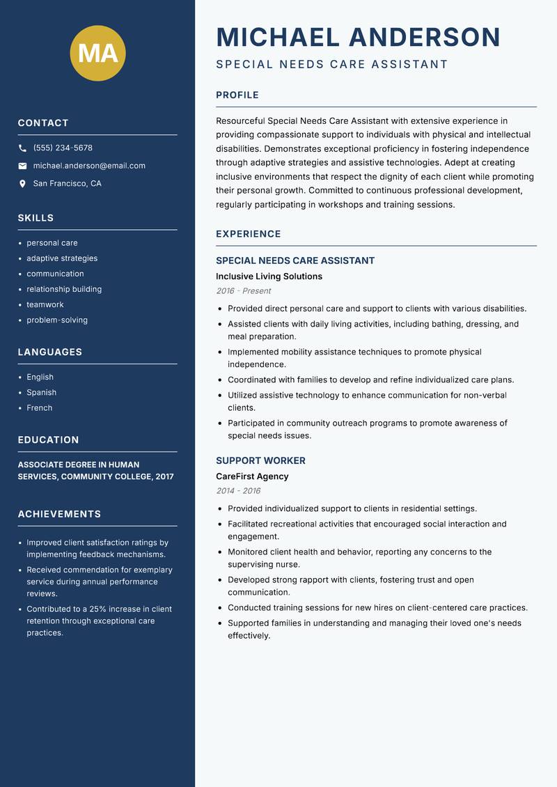 Special Needs Care Assistant resume sample — Special Needs Care Assistant focus