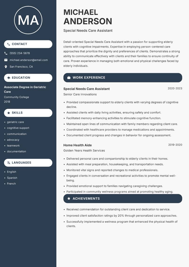 Special Needs Care Assistant resume sample — Special Needs Care Assistant focus