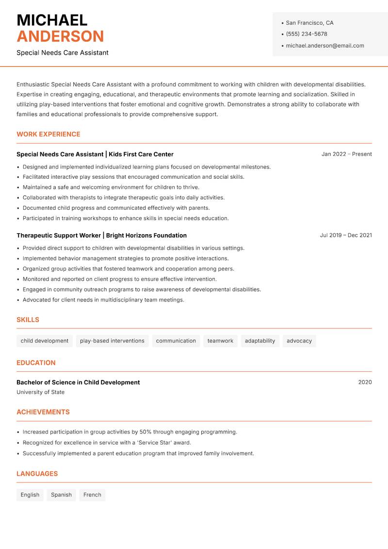 Special Needs Care Assistant resume sample — Special Needs Care Assistant focus