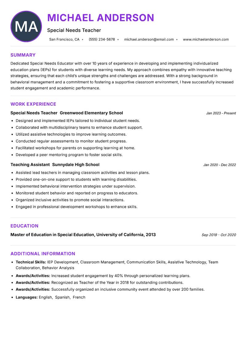 Special Needs Educator resume example