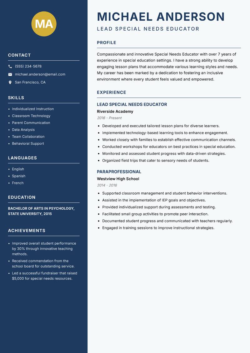Special Needs Educator resume sample — Lead Special Needs Educator focus