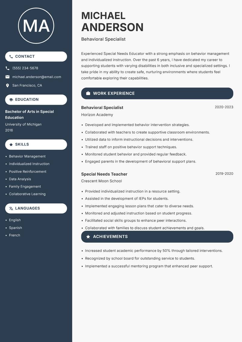 Special Needs Educator resume sample — Behavioral Specialist focus