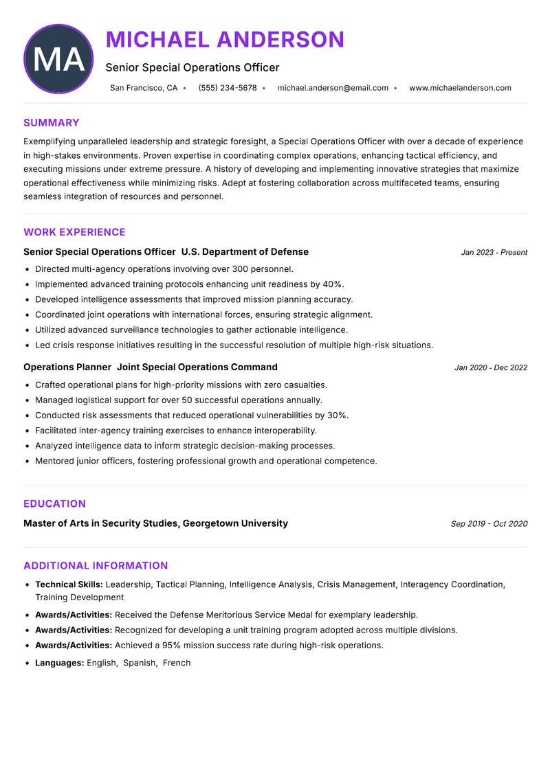 Special Operations Officer resume example