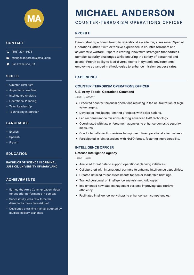 Special Operations Officer resume sample — Counter-Terrorism Operations Officer focus