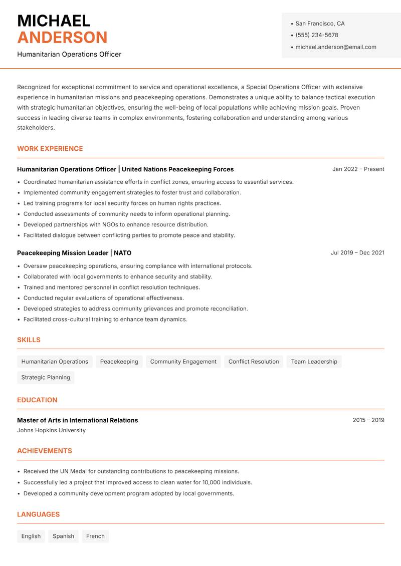 Special Operations Officer resume sample — Humanitarian Operations Officer focus