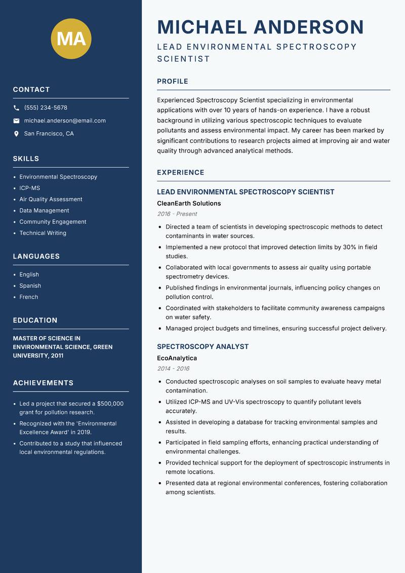 Spectroscopy Scientist resume sample — Lead Environmental Spectroscopy Scientist focus